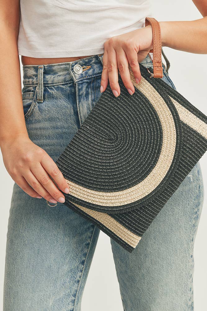 Straw Two Tone Envelope Crossbody Clutch Bag: Taupe