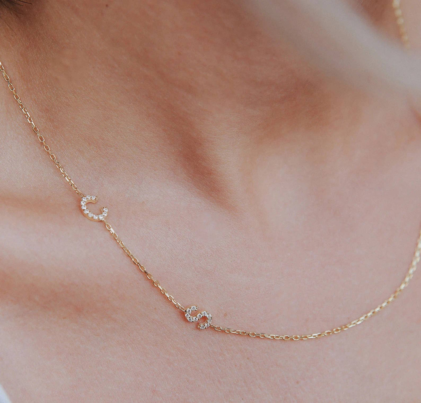 Pave Initial Necklace, CZ Initial Necklace, Sideways Initial: Yellow Gold / 16 Inches