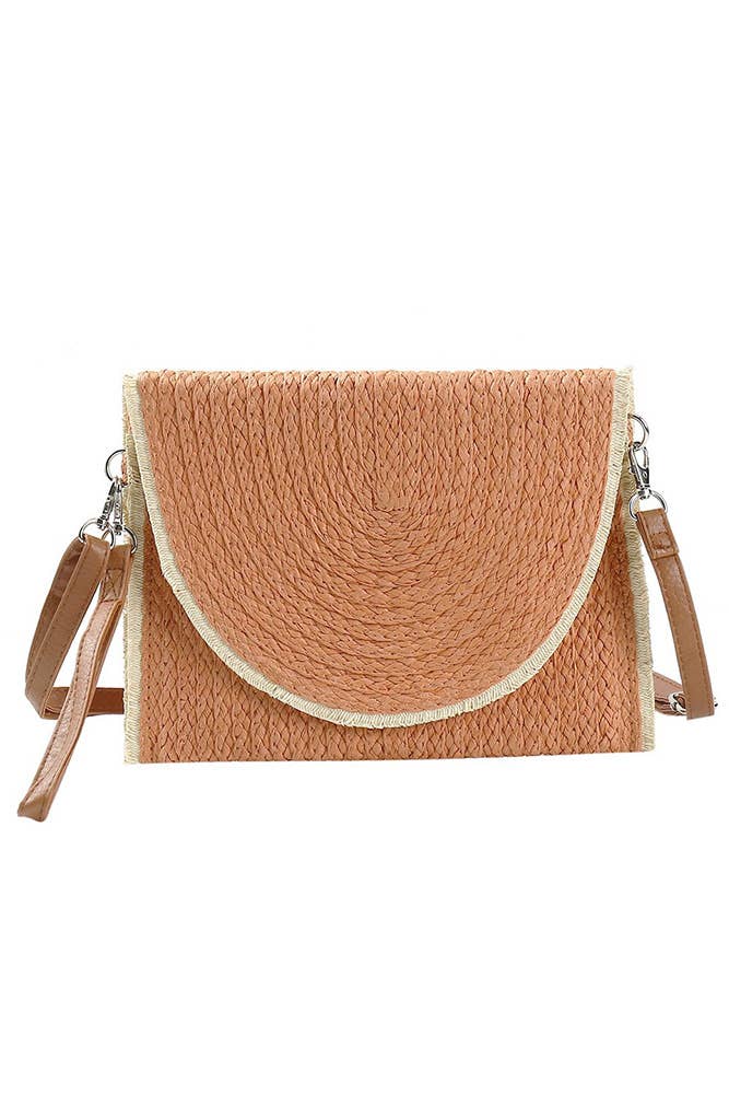 Frayed Trim Two Tone Straw Clutch Crossbody Bag: Taupe