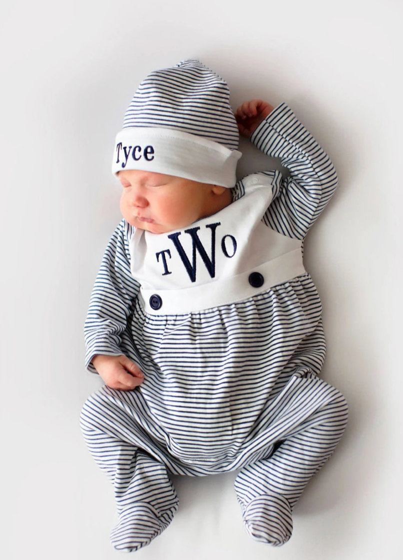 Navy Mini Stripe Footie + Hat