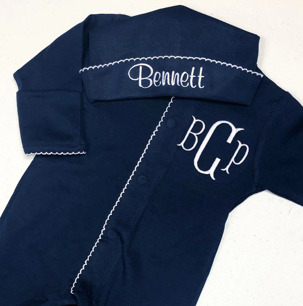 Navy/White Picot Footie + Hat