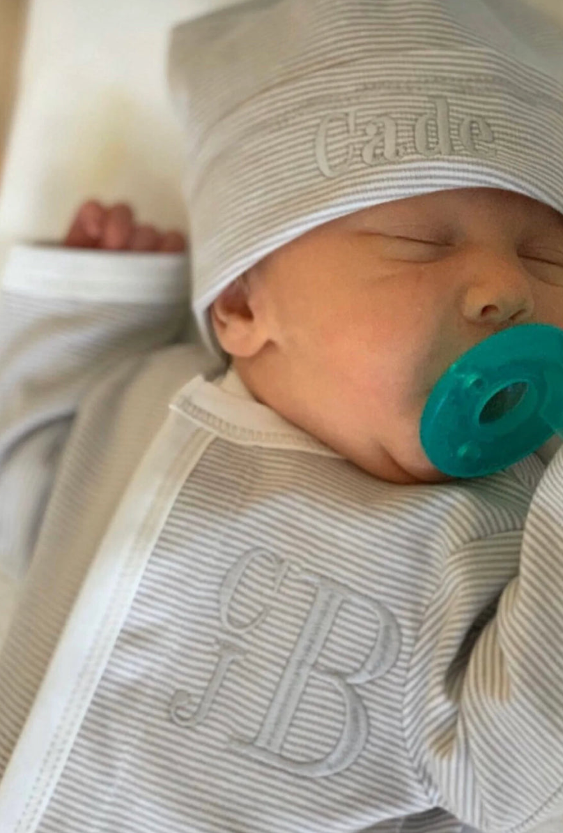 Grey Tiny Stripe Footie + Hat