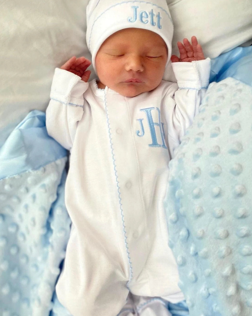 Blue or Grey Picot Trim Footie + Hat