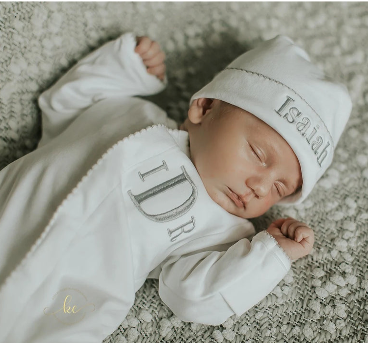 Blue or Grey Picot Trim Footie + Hat