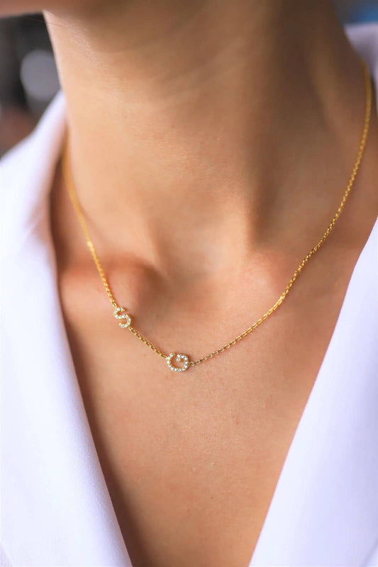 Pave Initial Necklace, CZ Initial Necklace, Sideways Initial: Yellow Gold / 16 Inches
