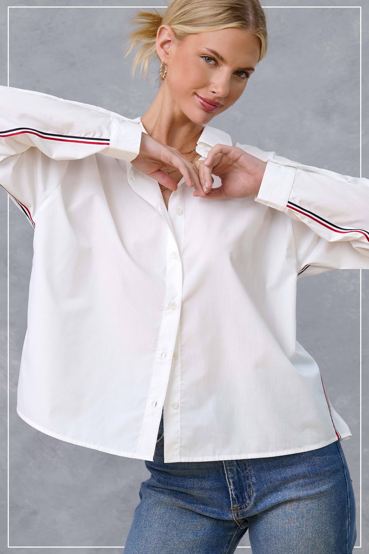 SRT7907-Button Down Poplin Shirt w/ Nautical Twill Tape Fall: Cream / S