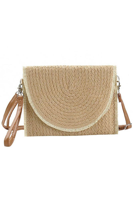 Frayed Trim Two Tone Straw Clutch Crossbody Bag: Taupe